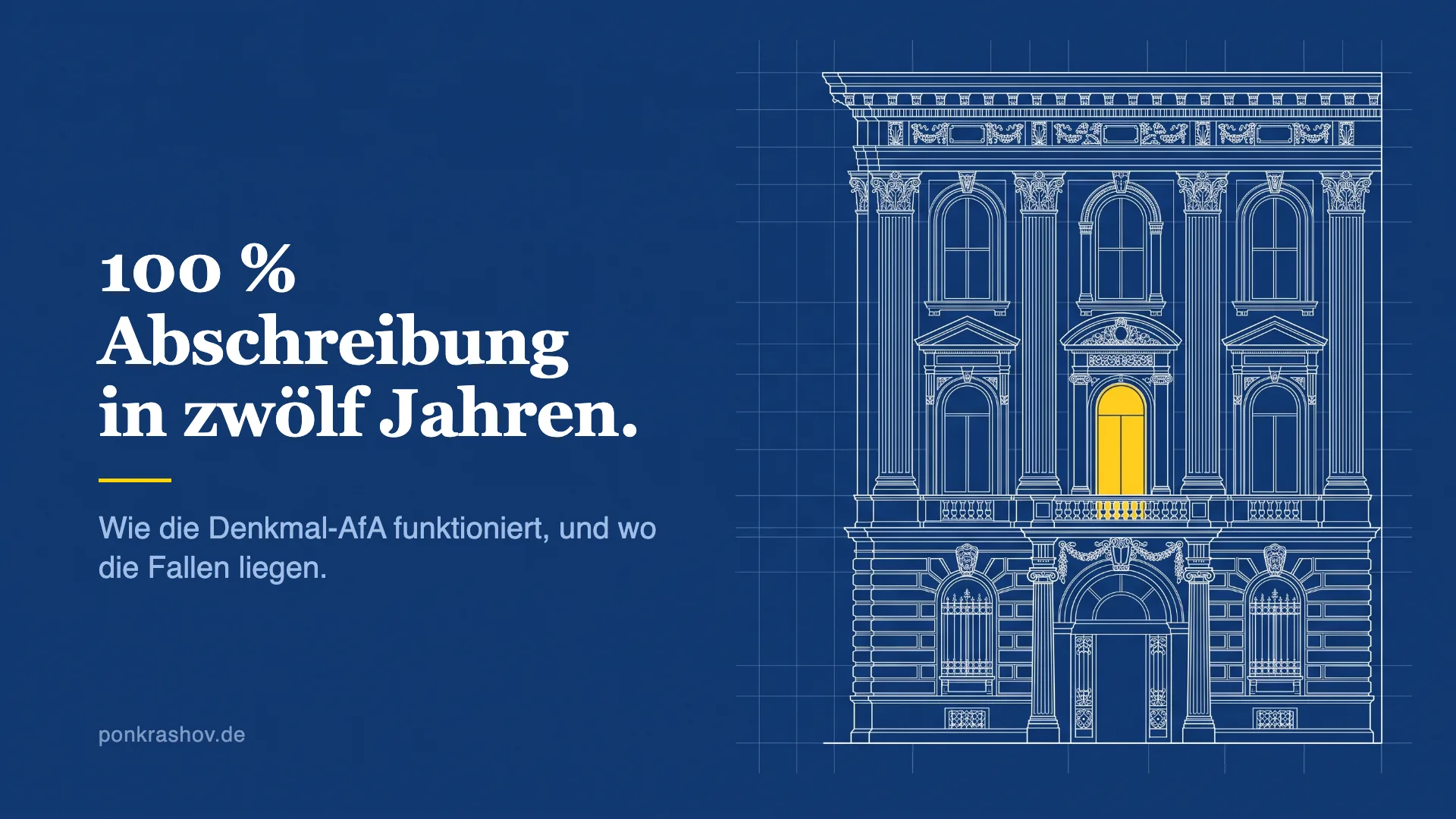 Technische Zeichnung einer historischen Altbau-Fassade mit Stuck, ein Fenster ist gelb hervorgehoben