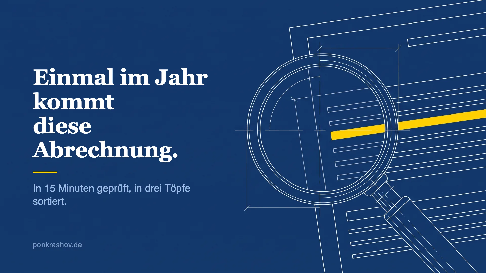 Technische Zeichnung eines Abrechnungs-Dokuments mit Lupe, eine Zeile ist gelb hervorgehoben