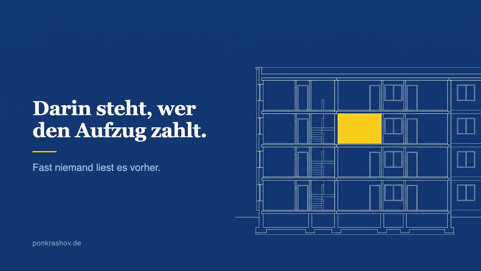 Technische Zeichnung eines Gebäudequerschnitts mit mehreren Wohneinheiten, eine davon gelb hervorgehoben