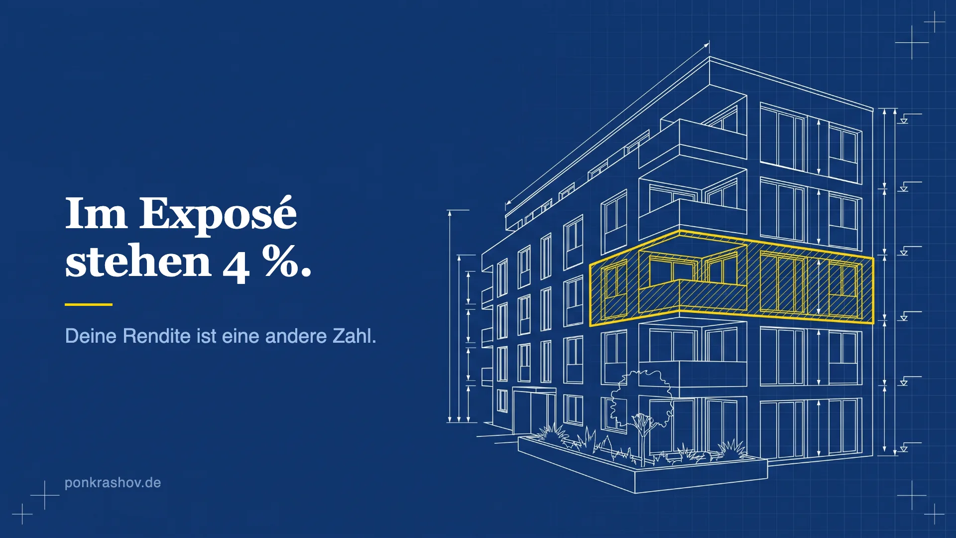 Technische Zeichnung eines Mehrfamilienhauses, eine Wohnung im dritten Obergeschoss gelb hervorgehoben