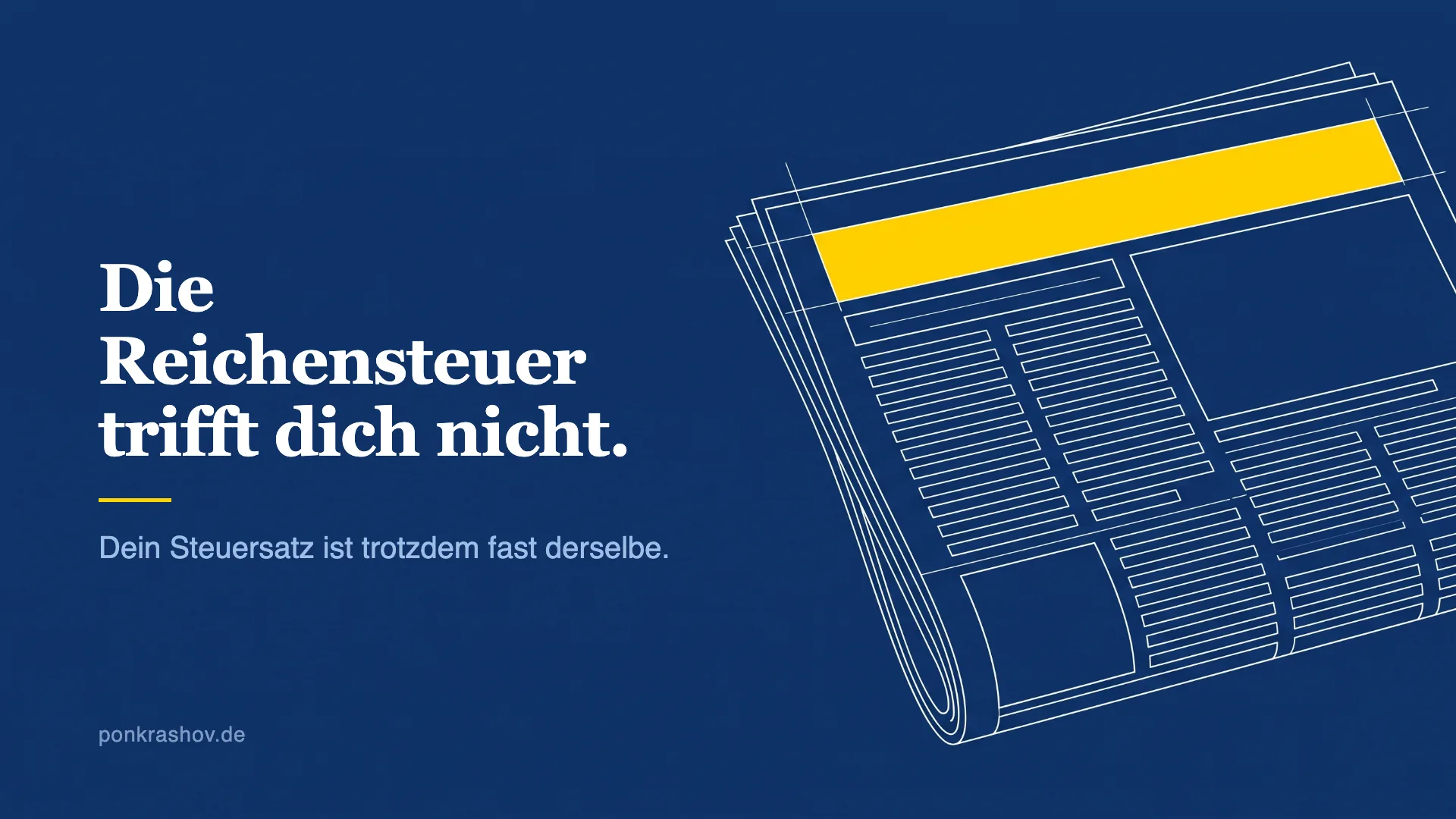 Technische Zeichnung einer gefalteten Zeitung, die Schlagzeilen-Zeile oben ist gelb hervorgehoben