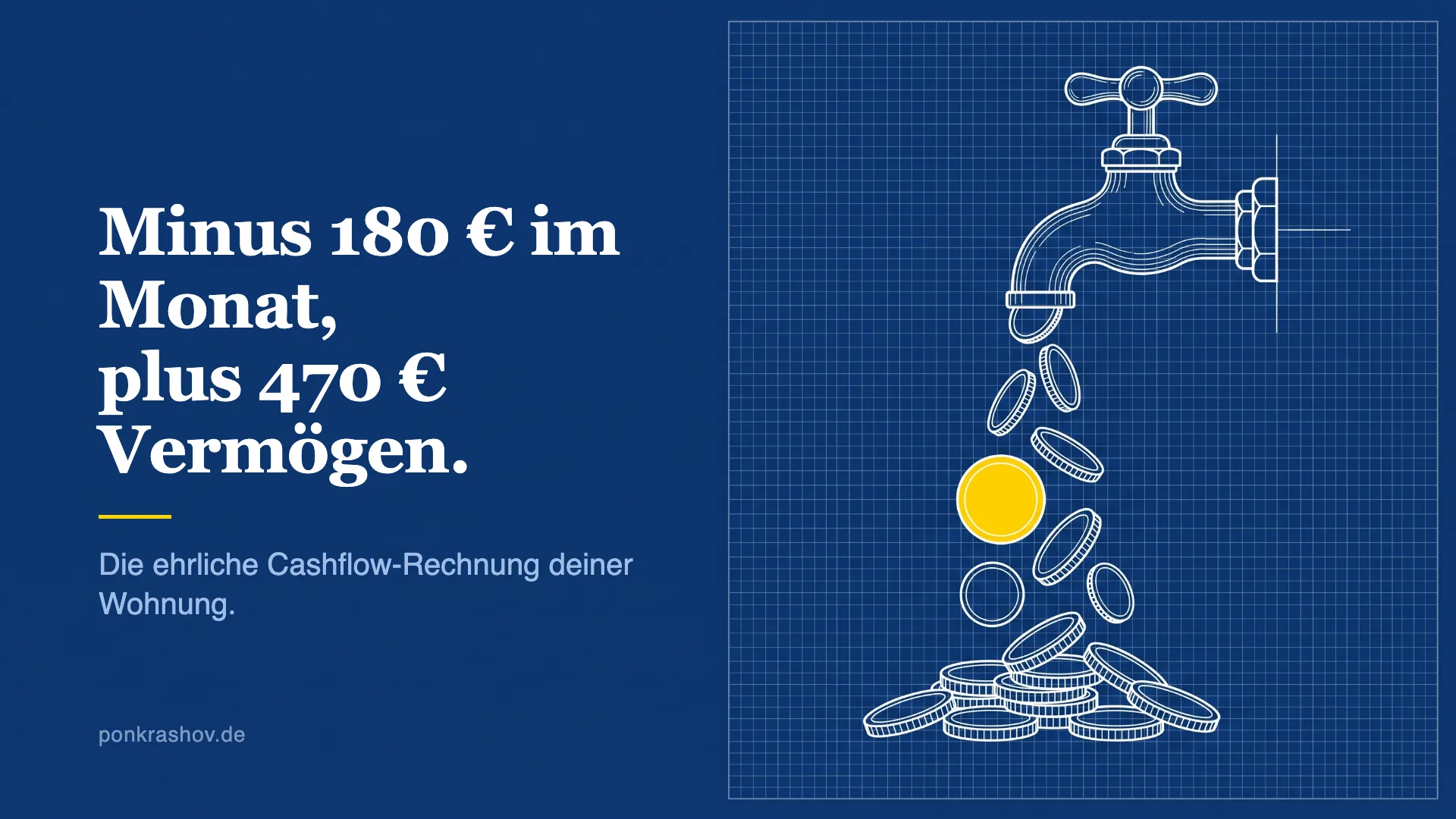 Technische Zeichnung eines Wasserhahns, aus dem Münzen fließen, eine Münze ist gelb hervorgehoben