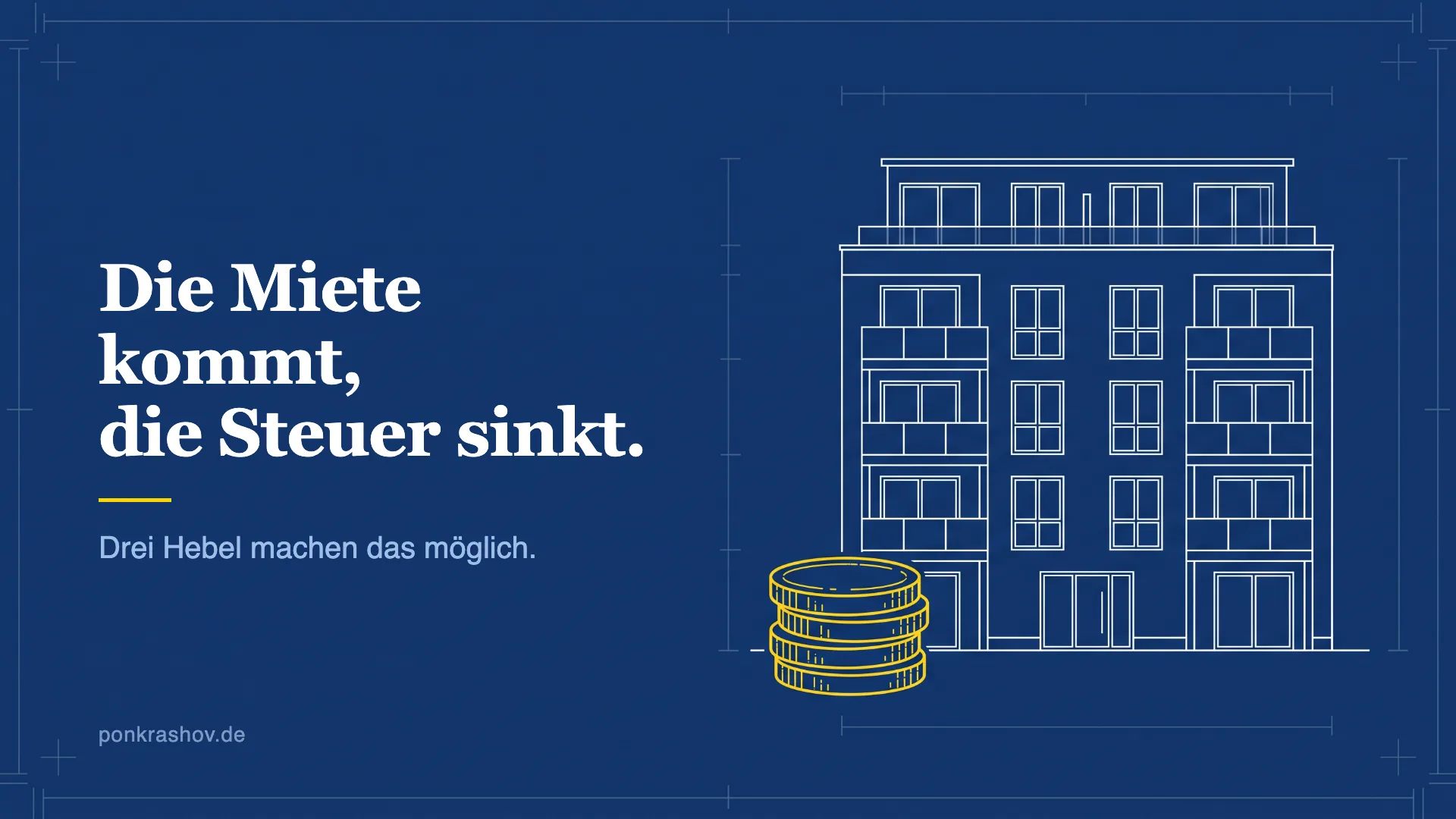 Technische Zeichnung eines Mehrfamilienhauses, daneben ein gelber Stapel aus drei Münzen, umgeben von feinen Maßlinien