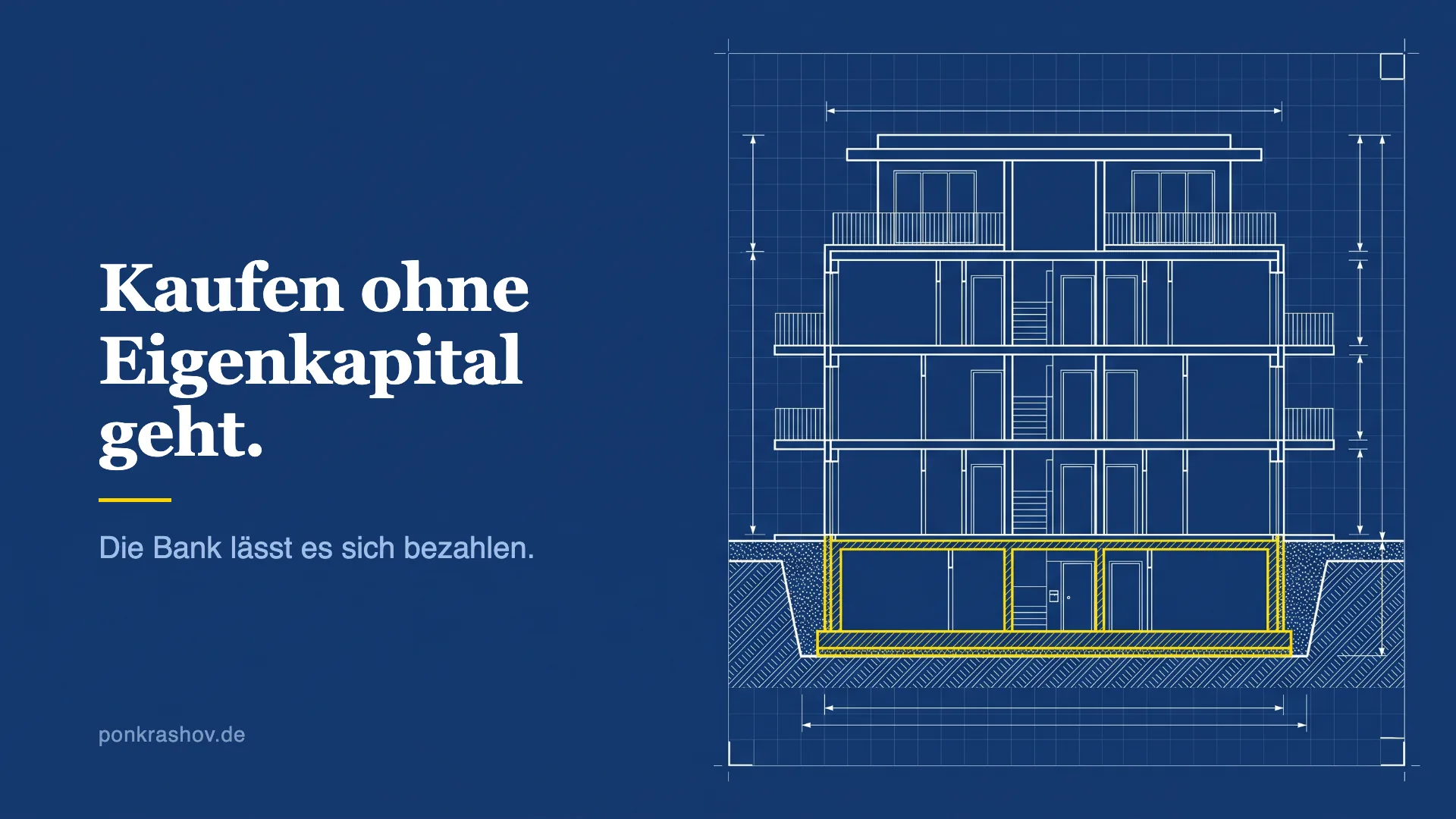 Technische Zeichnung eines Mehrfamilienhauses im Schnitt, das Fundament unter dem Gebäude gelb hervorgehoben