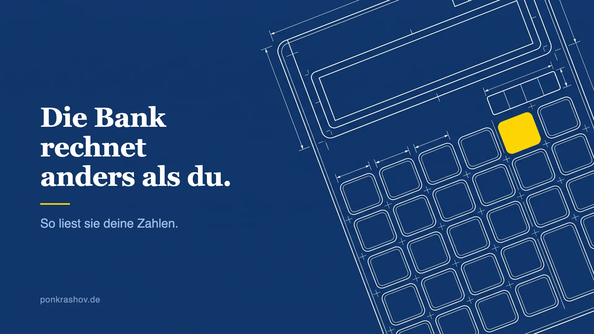 Technische Zeichnung eines Taschenrechners, eine Taste ist gelb hervorgehoben