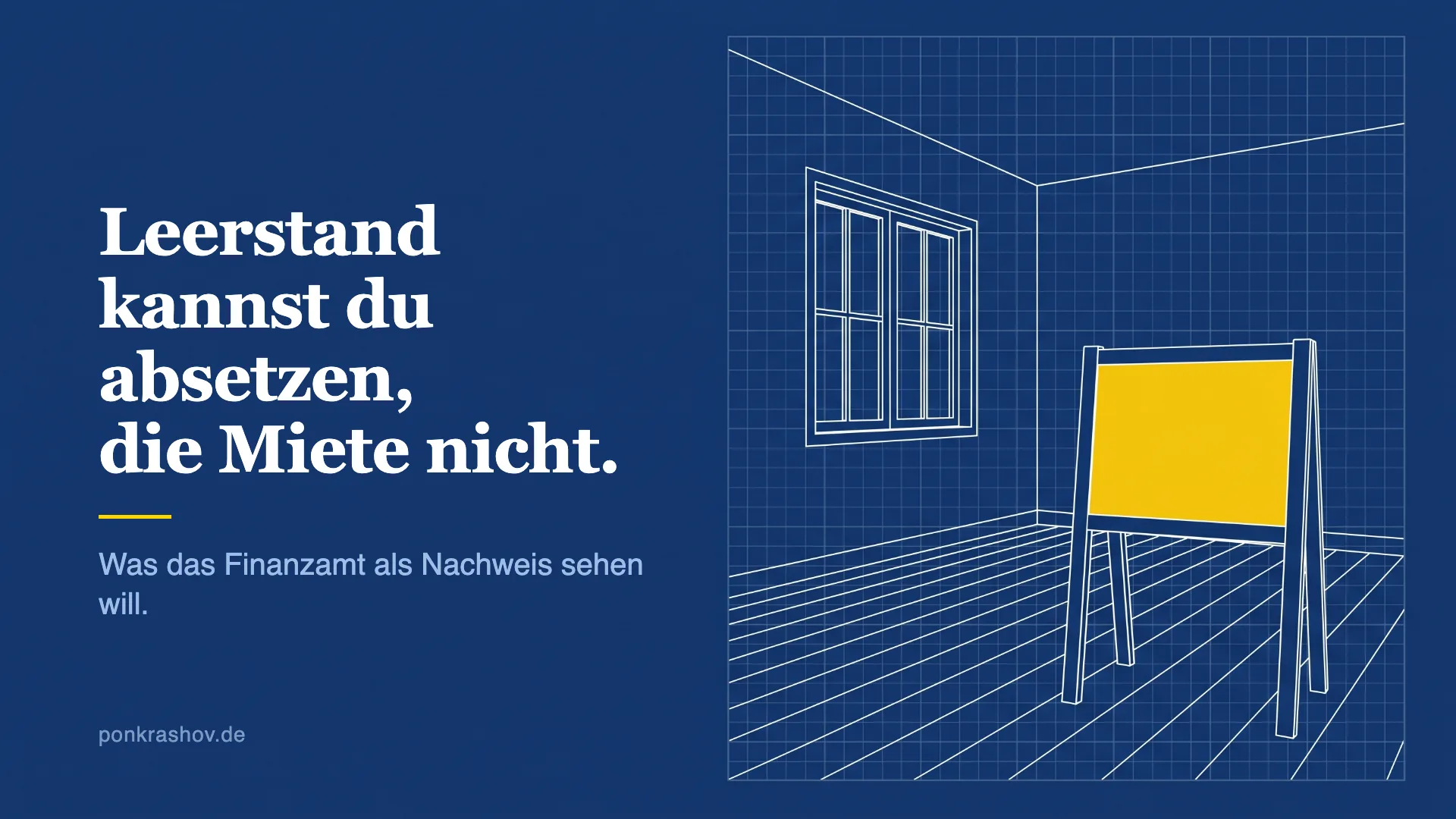 Technische Zeichnung eines leeren Zimmers mit Zu-vermieten-Schild, das Schild ist gelb hervorgehoben