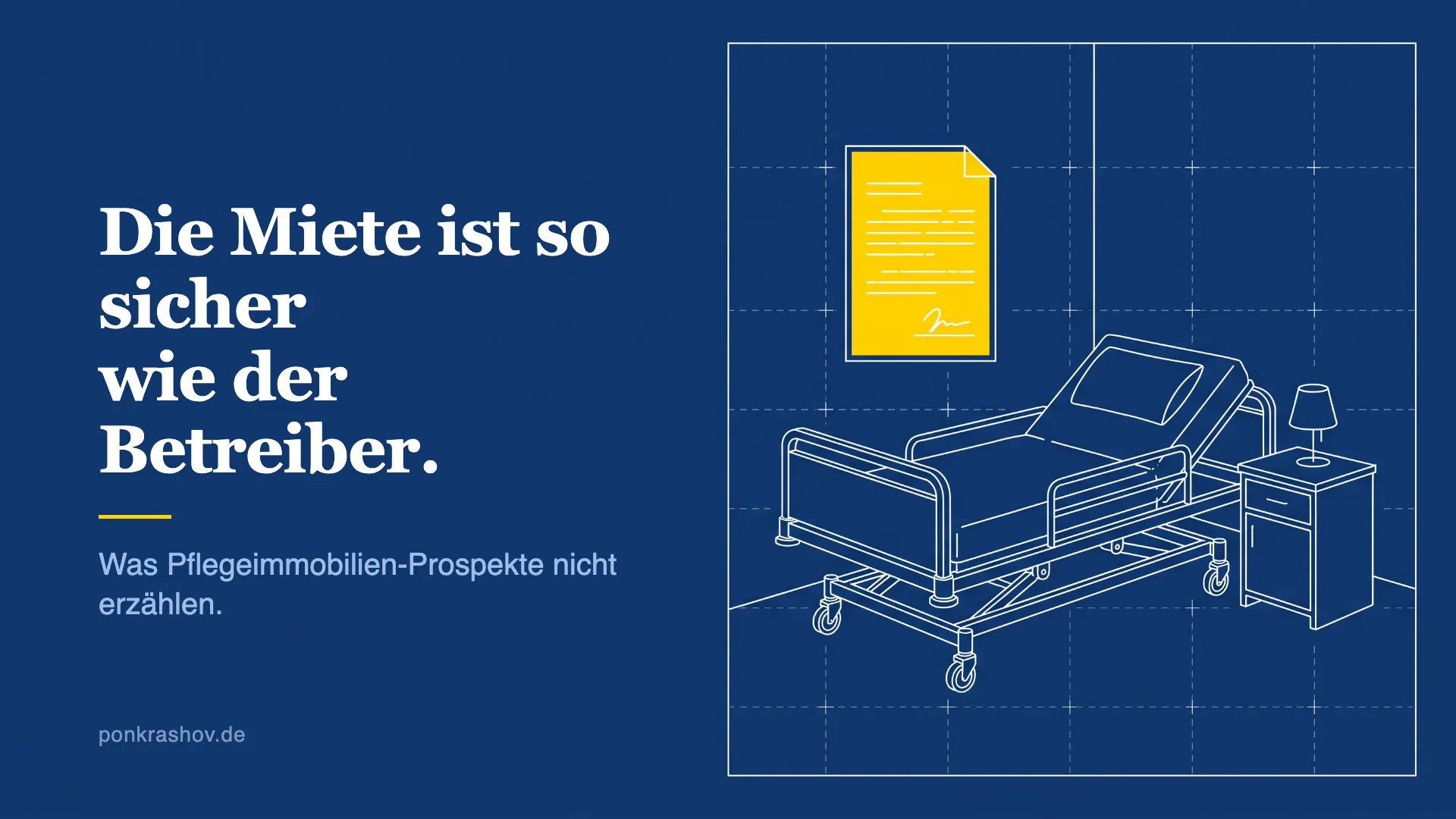 Technische Zeichnung eines Pflegezimmers mit Bett, darüber ein Vertragsdokument, das Dokument ist gelb hervorgehoben