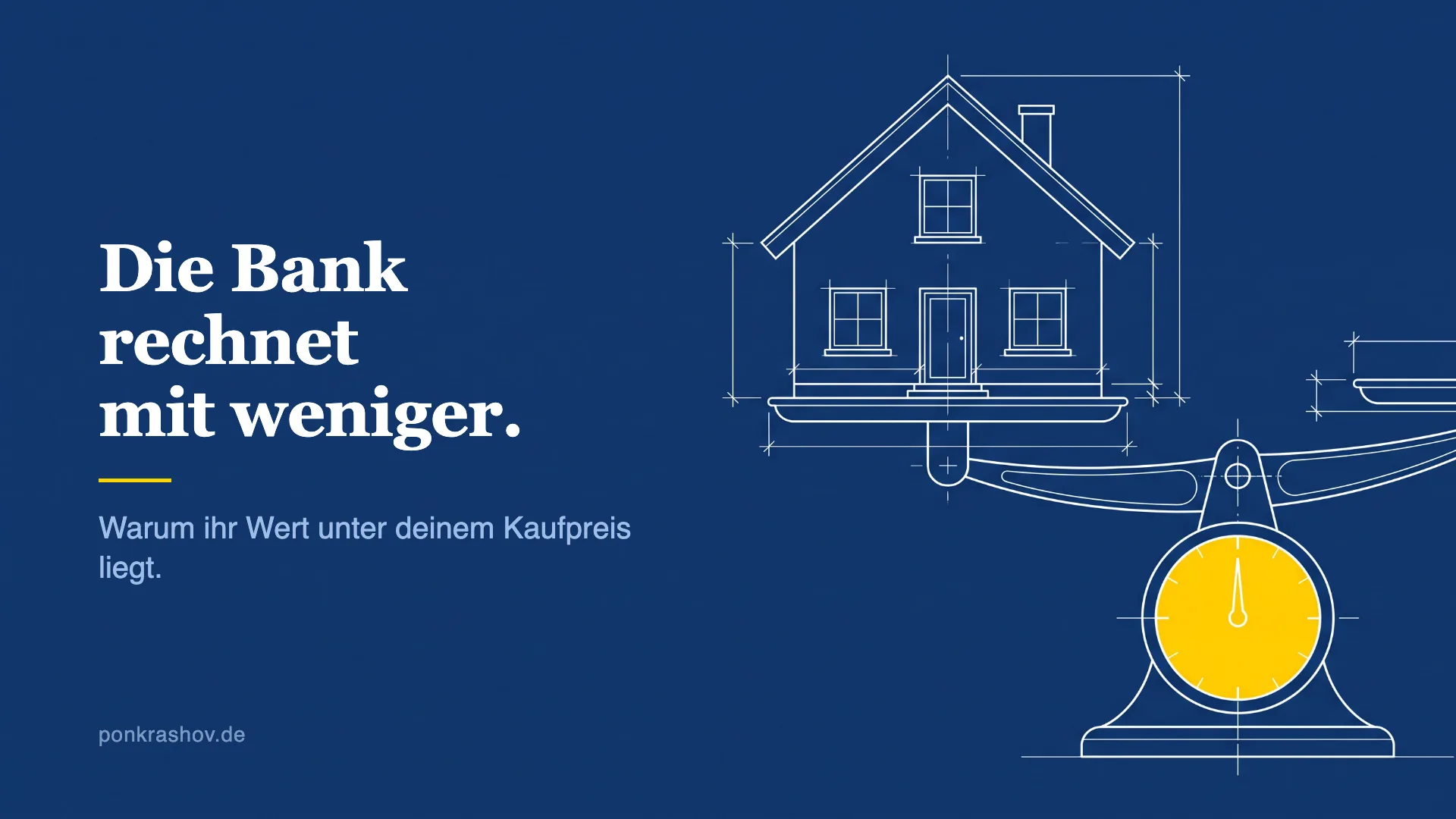 Technische Zeichnung eines Hauses auf einer Waage, die Anzeige der Waage ist gelb hervorgehoben