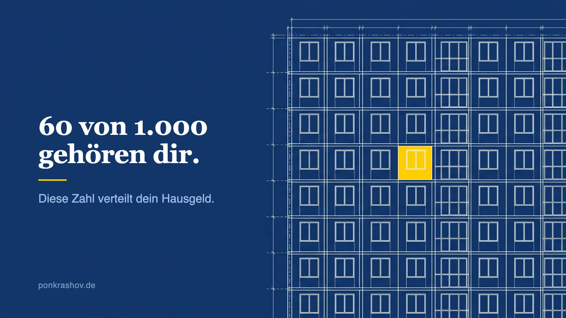 Technische Zeichnung eines Mehrfamilienhauses aus vielen gleichen Teilen, ein Teil ist gelb hervorgehoben