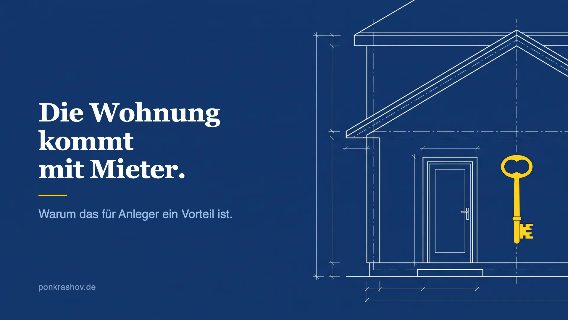 Technische Zeichnung eines Hauses, in dessen Tür ein gelber Schlüssel steckt