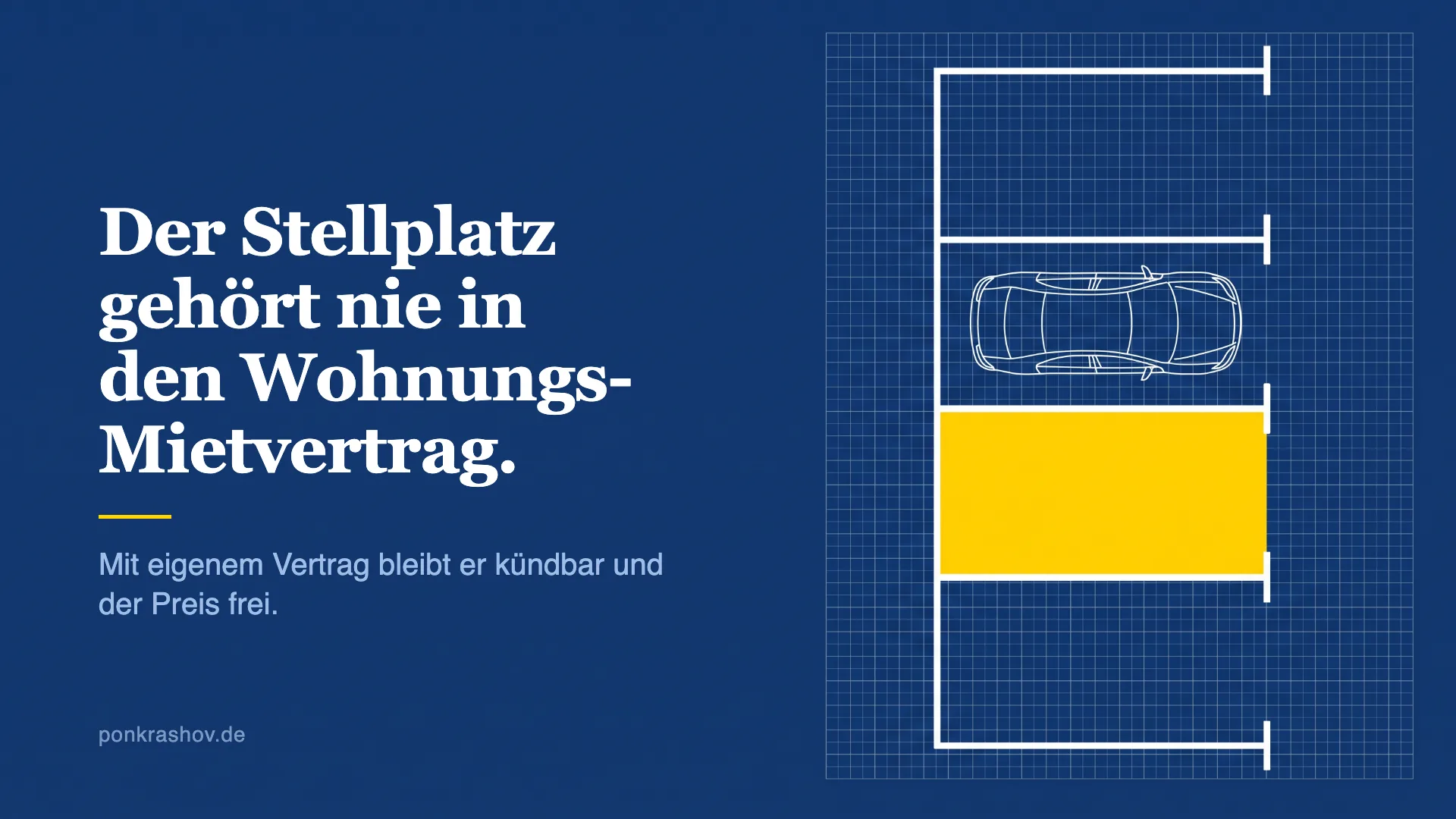 Technische Zeichnung einer Parkplatzreihe, ein Stellplatz ist gelb markiert
