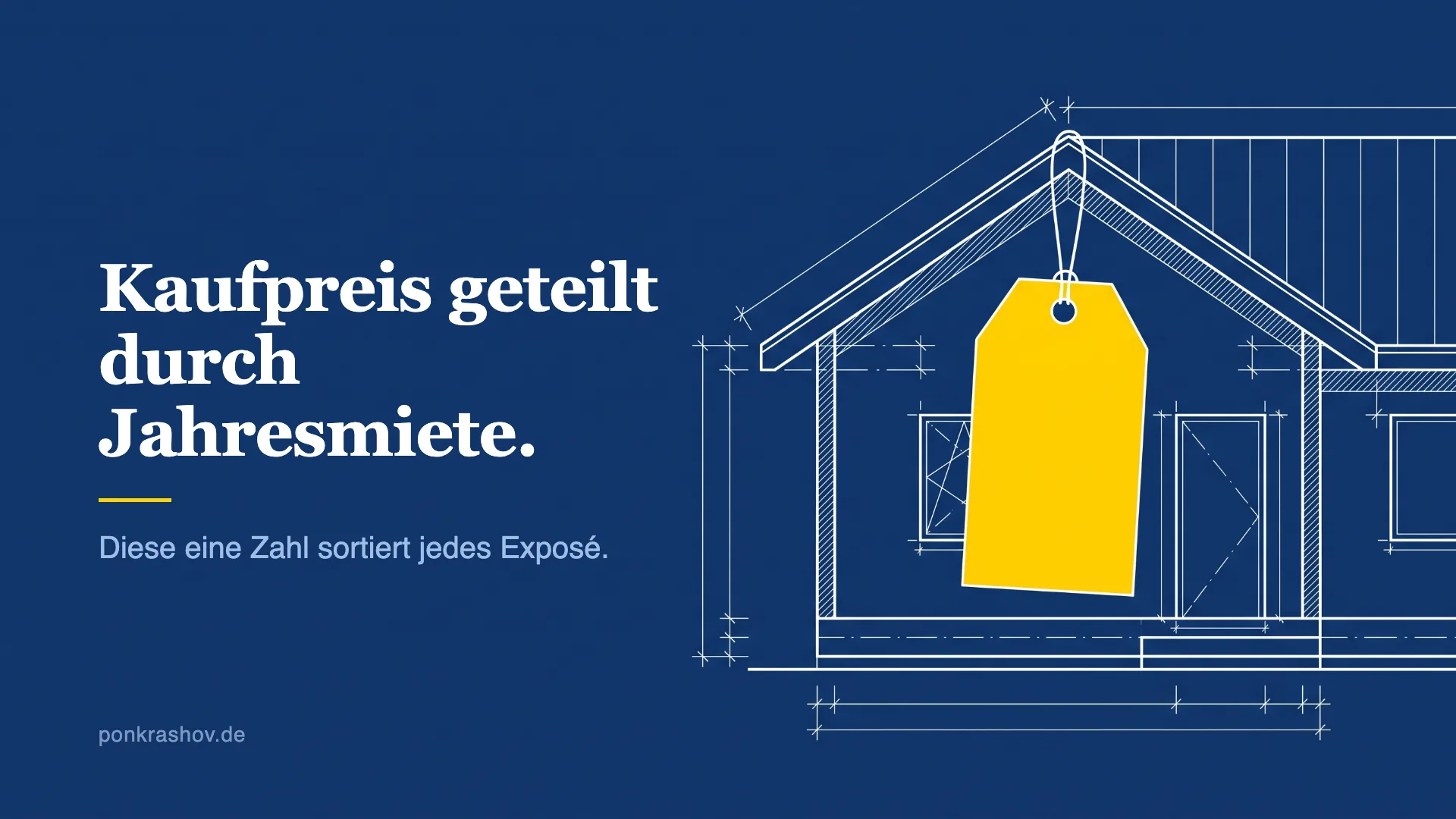 Technische Zeichnung eines Preisschild-Anhängers an einem Haus, das Schild ist gelb hervorgehoben
