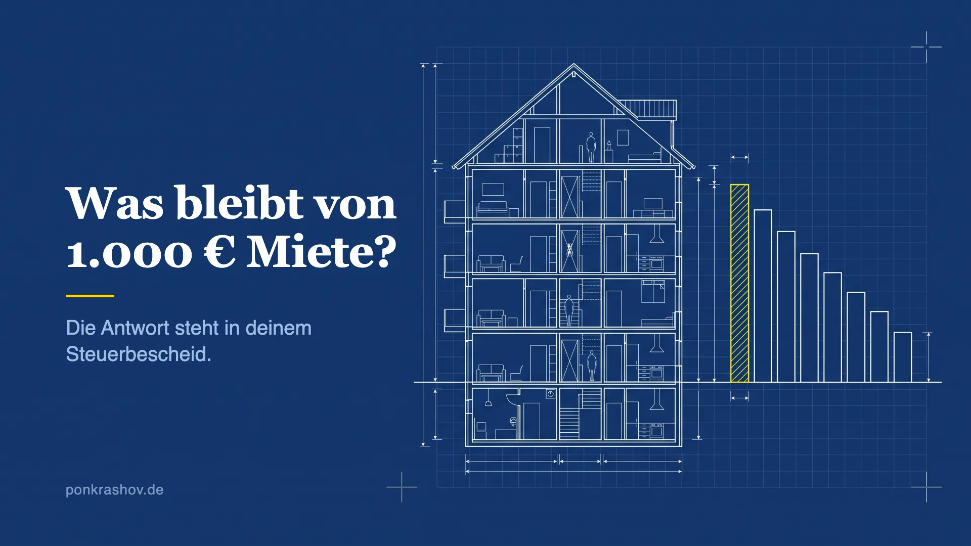 Technische Zeichnung: Gebäudeschnitt eines Mehrfamilienhauses, daneben eine absteigende Balkentreppe, der erste Balken gelb hervorgehoben