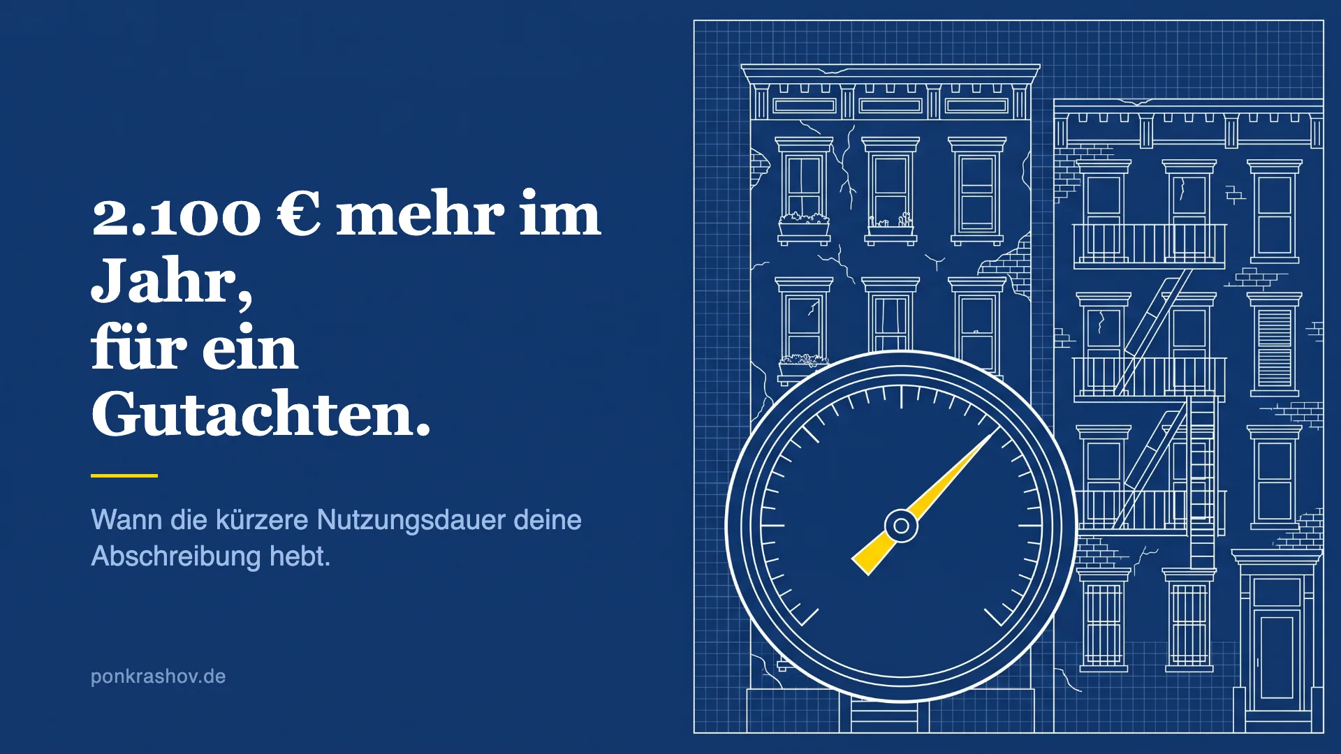 Technische Zeichnung eines älteren Mehrfamilienhauses mit Messinstrument, die Skala ist gelb hervorgehoben