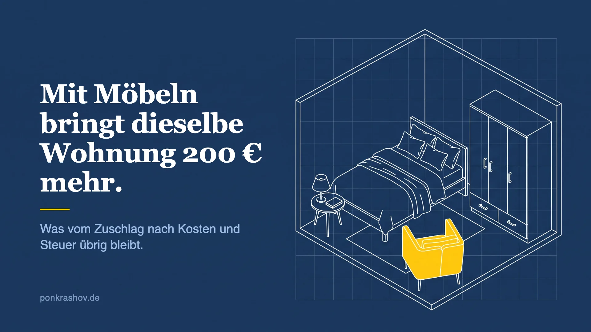 Technische Zeichnung einer Wohnung mit Einrichtung, ein Sessel ist gelb hervorgehoben