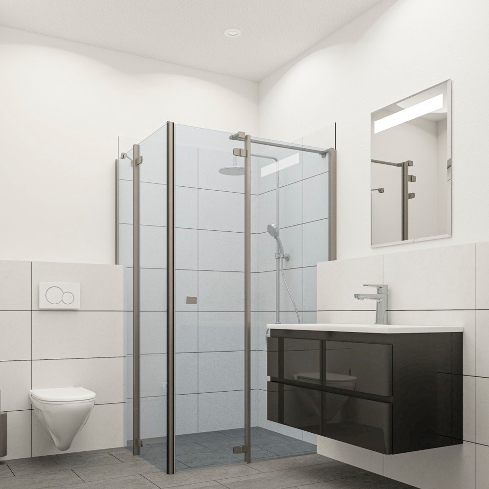 Modernes Badezimmer in Damp — bodengleiche Dusche, Waschtisch und Spiegel