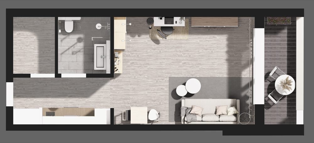 Moderne Einbauküche mit Geräten in einer Damp-Wohnung