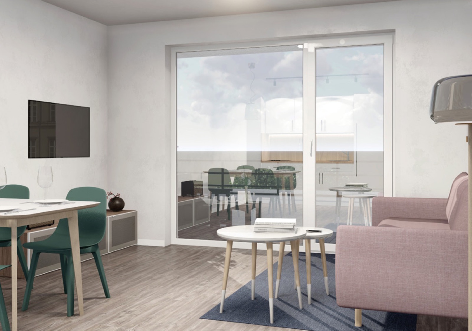 Beispiel eines Wohnbereichs mit Essplatz und Sofa