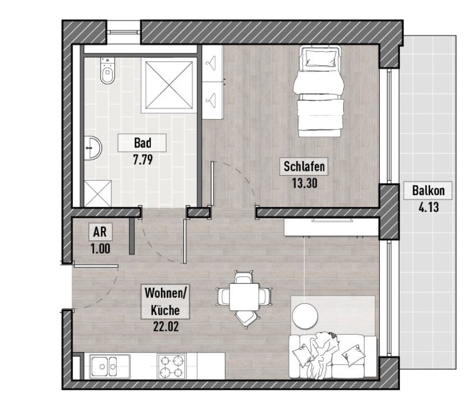 Zwei Zimmer mit rund 42 m²