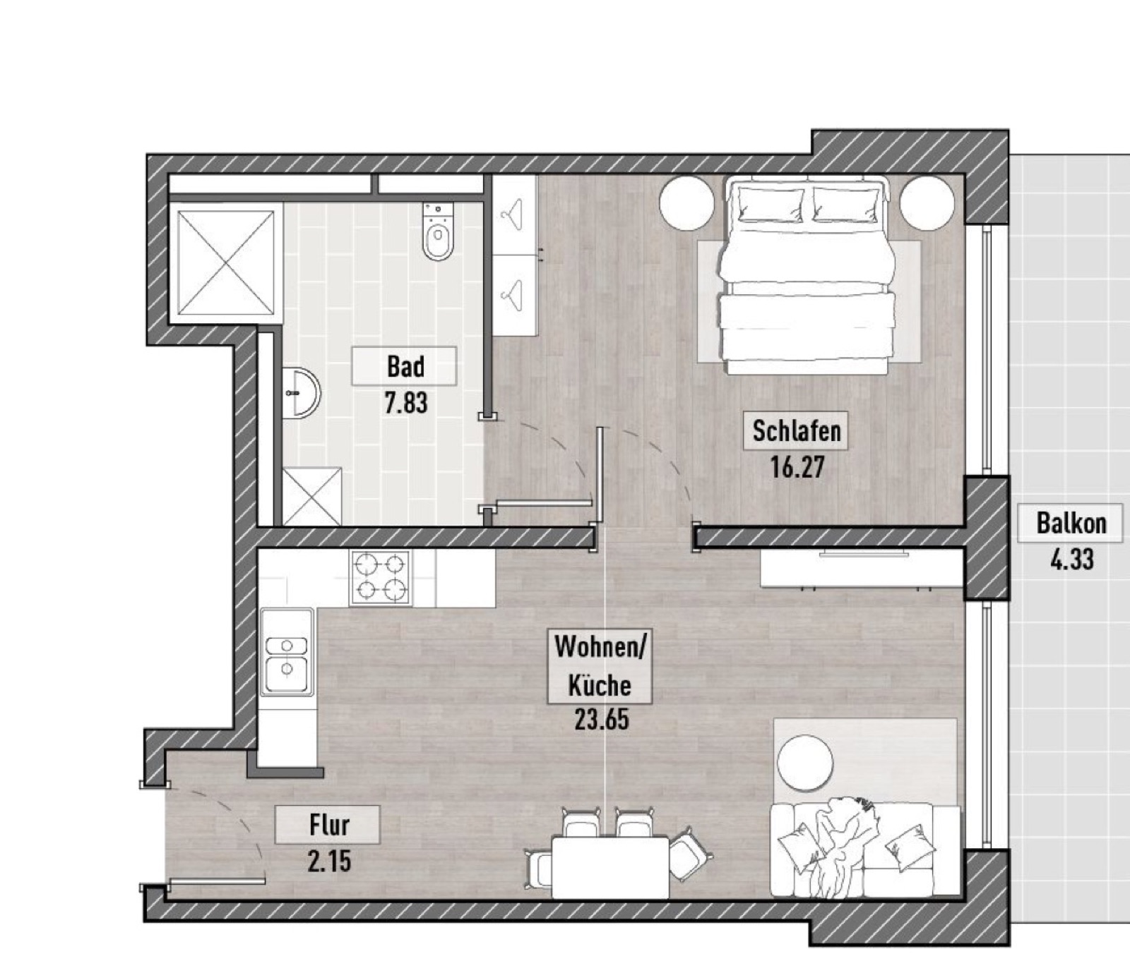 Zwei Zimmer mit rund 54 m²