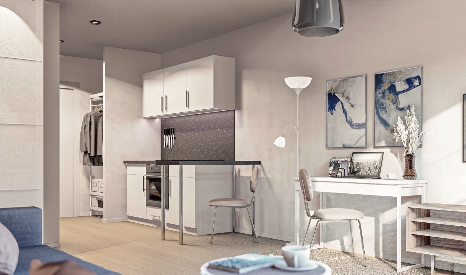 Beispiel eines Apartments mit Küchenzeile, Esstresen und Schreibtisch