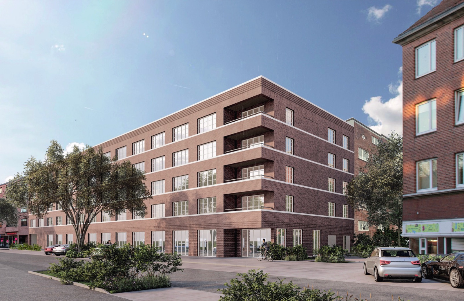 Visualisierung des Neubaus an der Fuhlsbüttler Straße 428 bis 442 in Hamburg, Klinkerfassade mit fünf Etagen