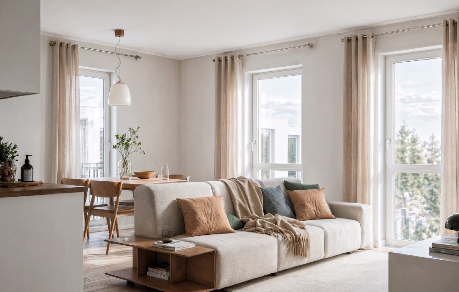 Beispiel eines Wohnbereichs mit Sofa und Essplatz